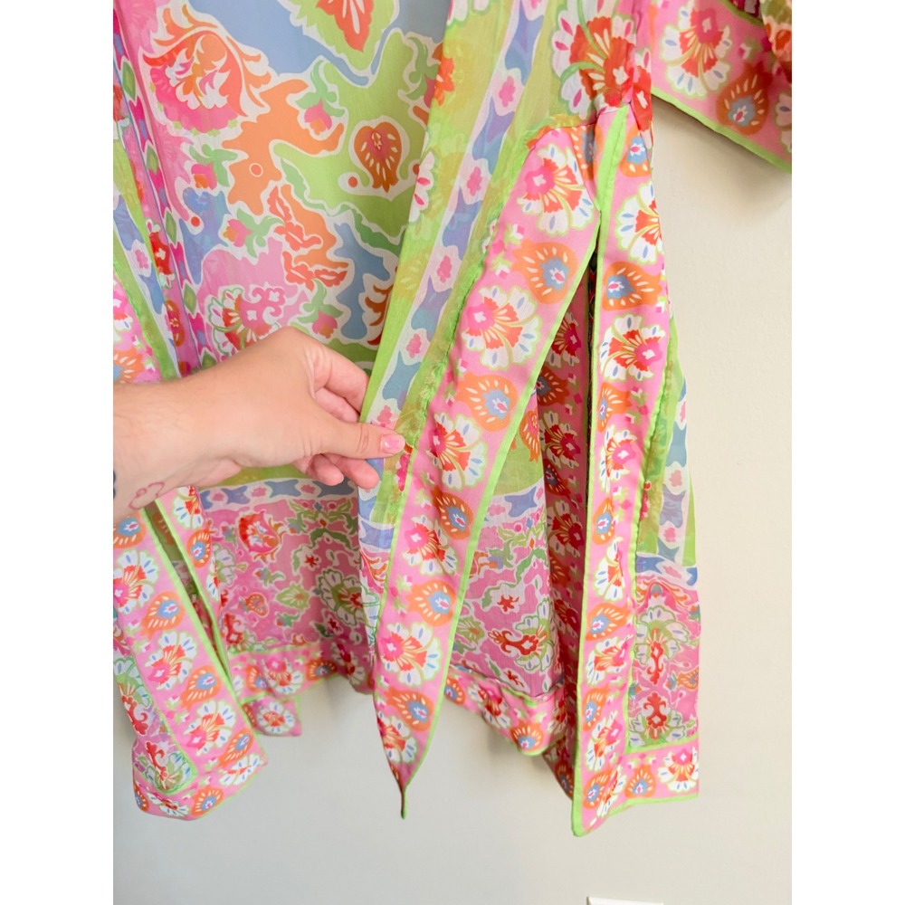 Gretchen Scott Poly Crepe Kimono Pink Lime Watteau Floral Duster ML New - Picture 6 of 6